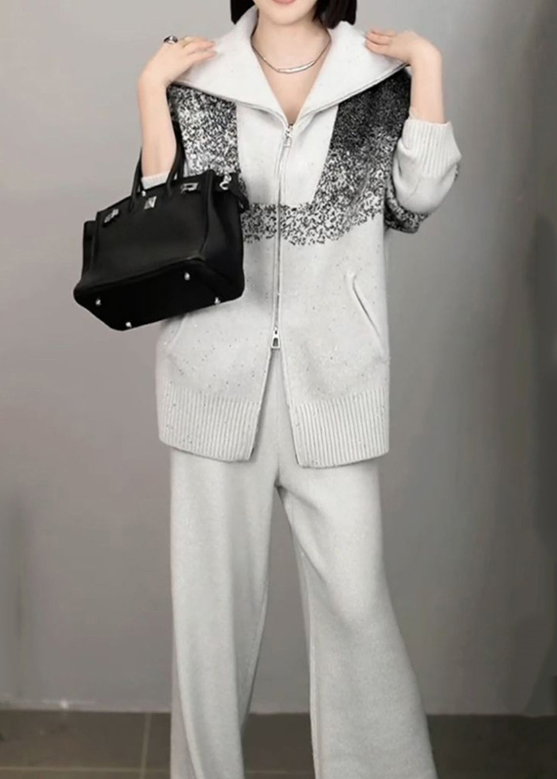 Organic Light Grey Print Zippered Cotton Knit Sweaters and Wide Leg Pants Two Pieces Set Winter Rf040