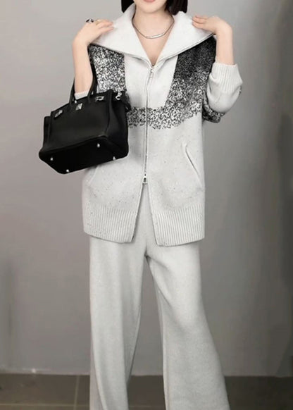Organic Light Grey Print Zippered Cotton Knit Sweaters and Wide Leg Pants Two Pieces Set Winter Rf040