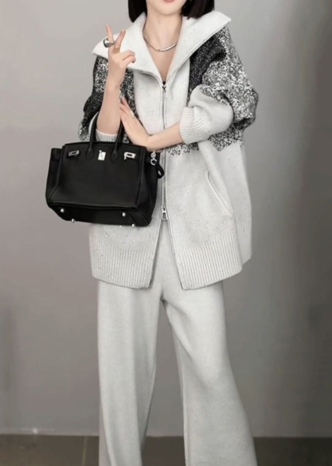 Organic Light Grey Print Zippered Cotton Knit Sweaters and Wide Leg Pants Two Pieces Set Winter Rf040