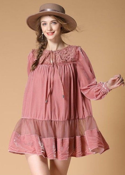 Organic Pink O Neck Patchwork Velour Dress Spring Ly0010