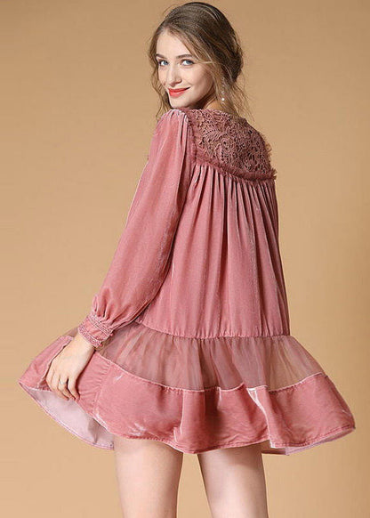 Organic Pink O Neck Patchwork Velour Dress Spring Ly0010