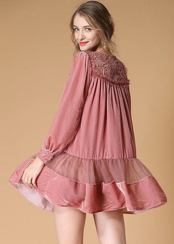 Organic Pink O Neck Patchwork Velour Dress Spring Ly0010