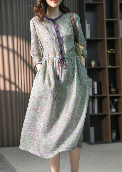Organic Pink O-neck Print Drawstring Linen Maxi Dresses Summer Ly1761