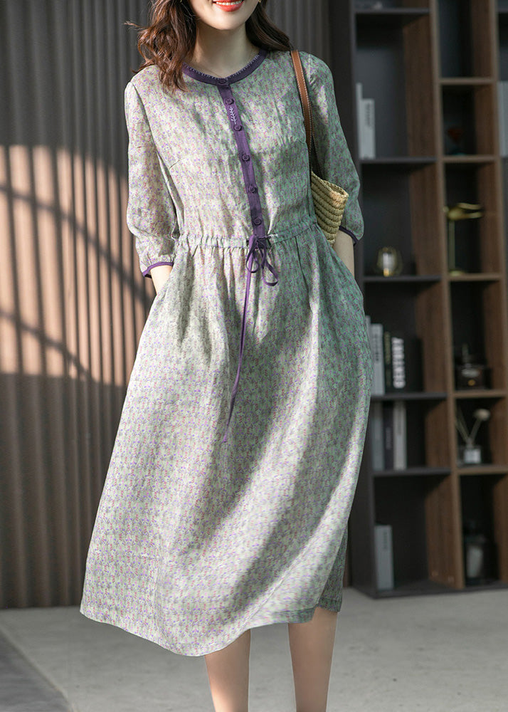 Organic Pink O-neck Print Drawstring Linen Maxi Dresses Summer Ly1761