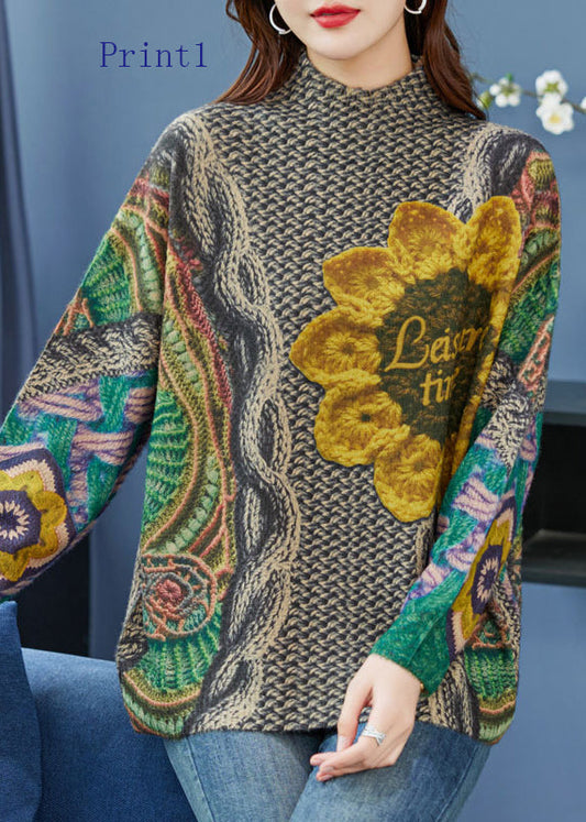 Organic Print Loose Woolen Knitted Sweaters Tops Spring Tq028