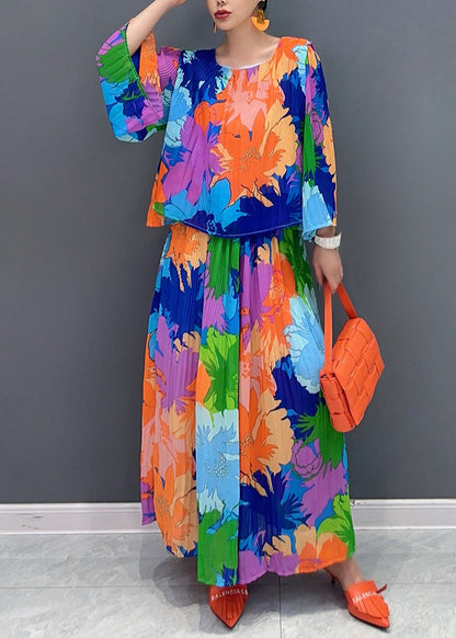 Organic Rainbow O-neck Print Top and Wide Leg Pants Two Piece Suit Set Fall Ao1052