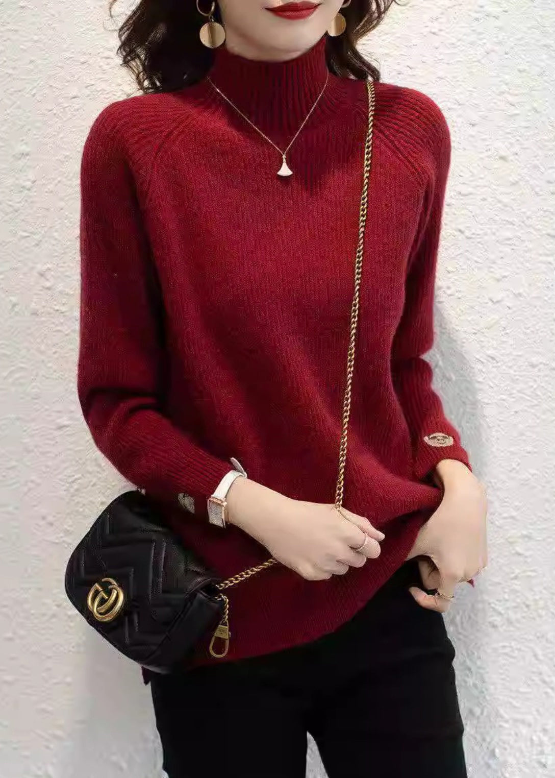 Organic Red Print Turtleneck Cotton Knit Sweaters Fall Qp045