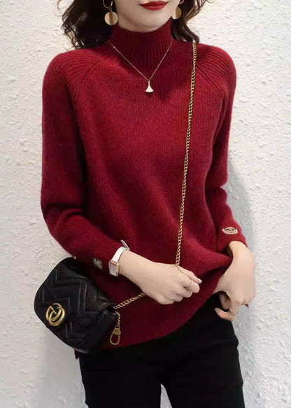 Organic Red Print Turtleneck Cotton Knit Sweaters Fall Qp045
