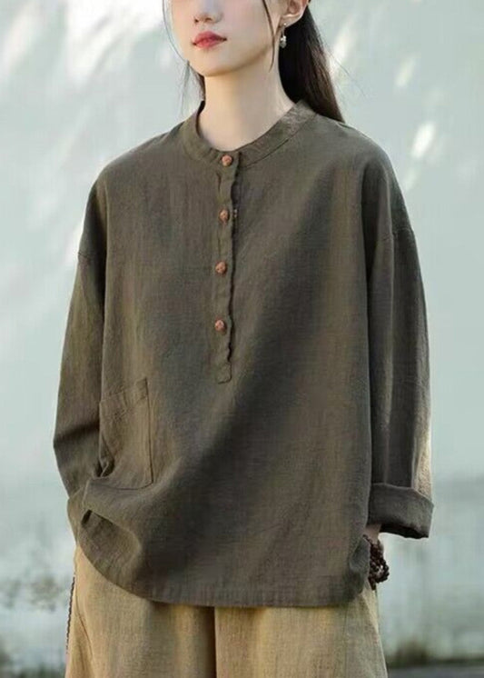 Organic Tea Green Stand Collar Linen Blouse Tops Long Sleeve Lk006