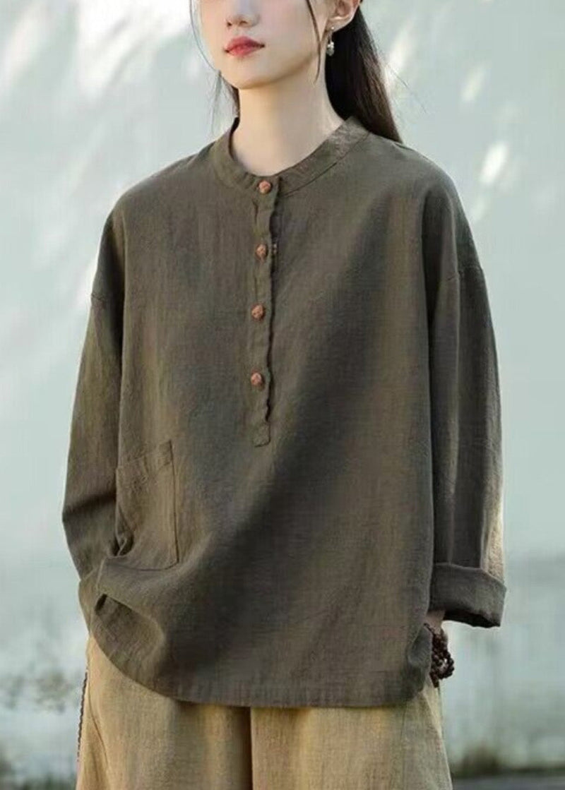 Organic Tea Green Stand Collar Linen Blouse Tops Long Sleeve Lk006