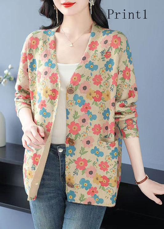 Organic V Neck Print Pockets Woolen Cardigan Spring Tq013