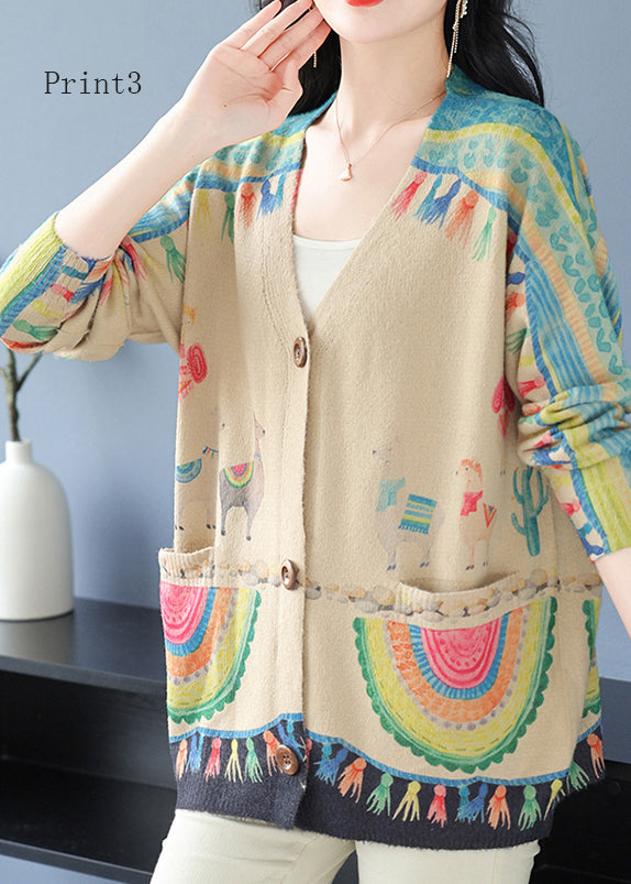 Organic V Neck Print Pockets Woolen Cardigan Spring Tq013