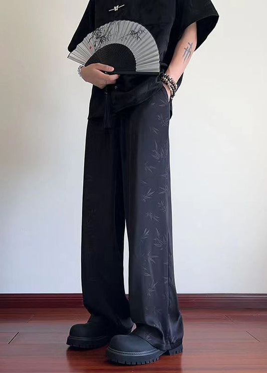 Oriental Black Bamboo Print Pockets Ice Silk Pants Long Summer Yt038