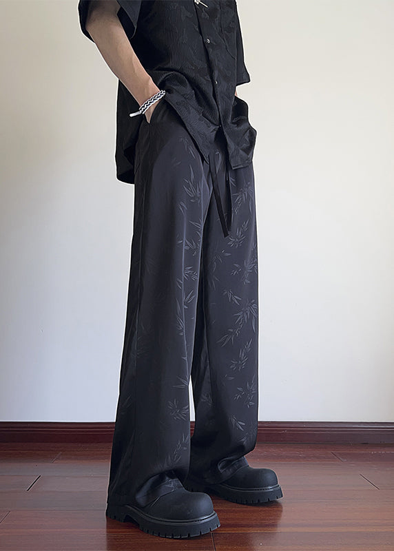 Oriental Black Bamboo Print Pockets Ice Silk Pants Long Summer Yt038