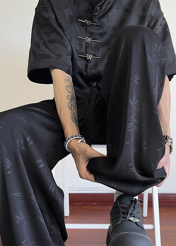 Oriental Black Bamboo Print Pockets Ice Silk Pants Long Summer Yt038
