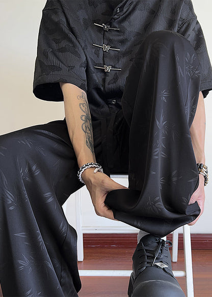 Oriental Black Bamboo Print Pockets Ice Silk Pants Long Summer Yt038