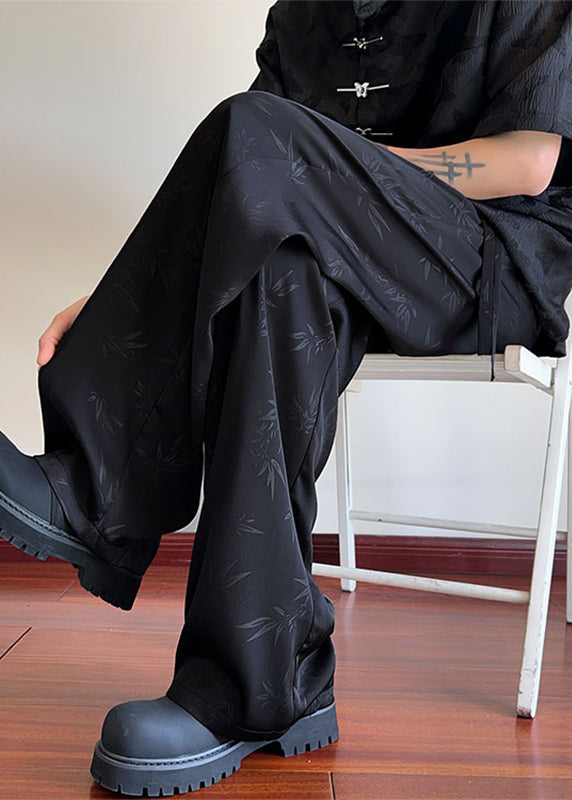 Oriental Black Bamboo Print Pockets Ice Silk Pants Long Summer Yt038