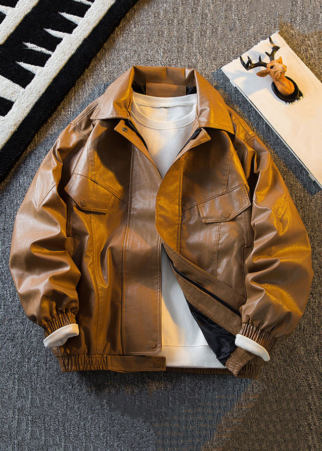 Original Brown Peter Pan Collar Faux Leather Coats Spring Rn017