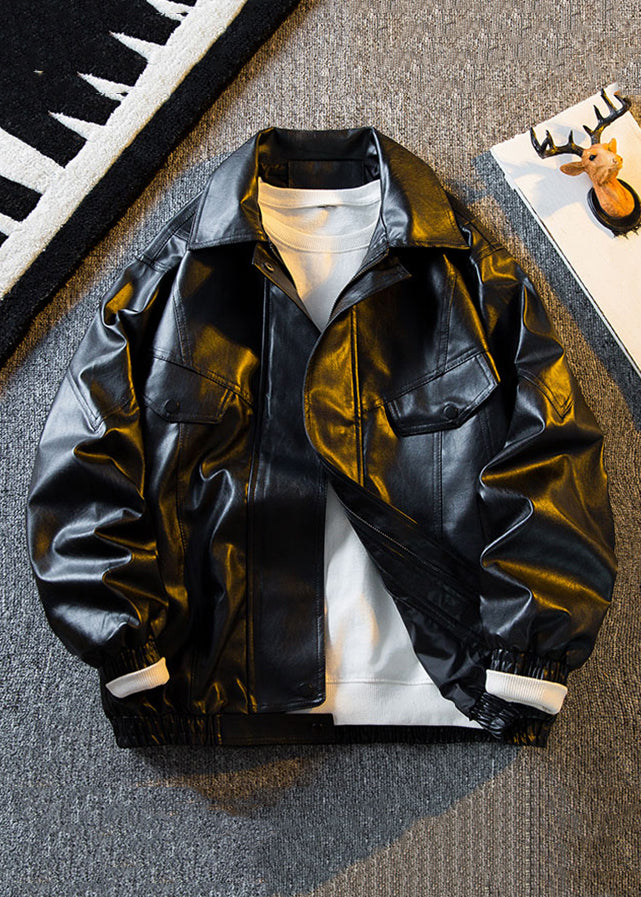 Original Brown Peter Pan Collar Faux Leather Coats Spring Rn017