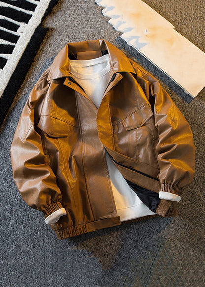 Original Brown Peter Pan Collar Faux Leather Coats Spring Rn017