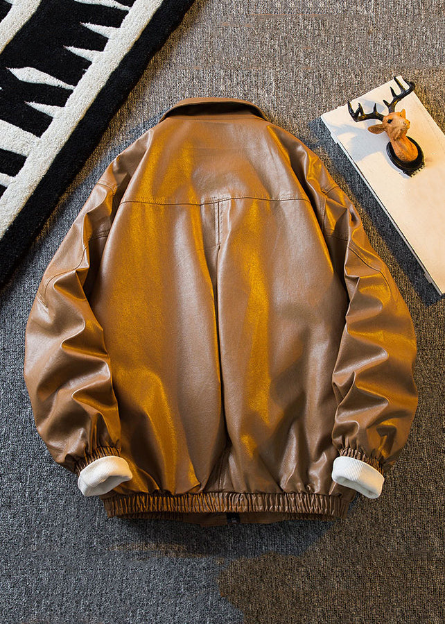 Original Brown Peter Pan Collar Faux Leather Coats Spring Rn017