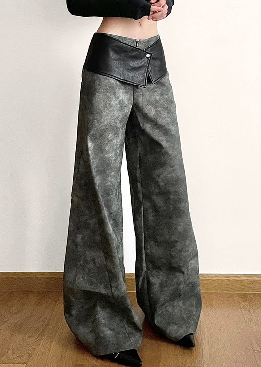 Original Dark Gray High Waist Patchwork Faux Leather Pants Fall Pp025