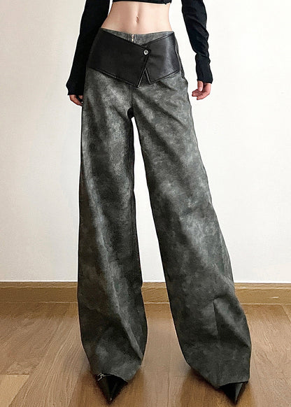 Original Dark Gray High Waist Patchwork Faux Leather Pants Fall Pp025