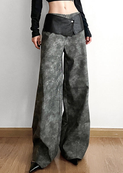 Original Dark Gray High Waist Patchwork Faux Leather Pants Fall Pp025