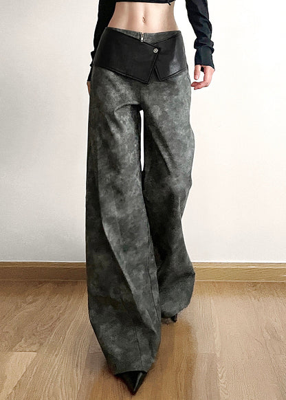 Original Dark Gray High Waist Patchwork Faux Leather Pants Fall Pp025
