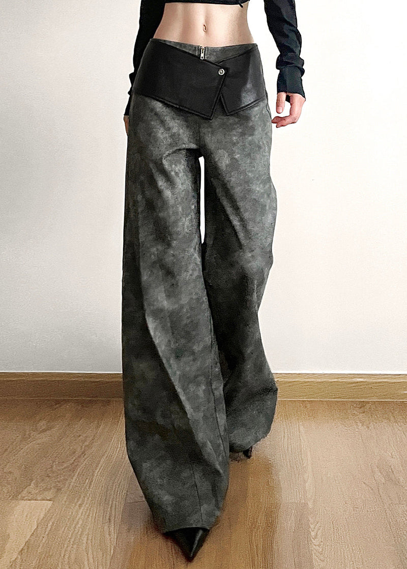 Original Dark Gray High Waist Patchwork Faux Leather Pants Fall Pp025