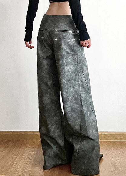 Original Dark Gray High Waist Patchwork Faux Leather Pants Fall Pp025