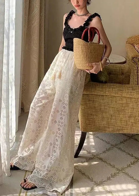 Original Design Apricot High Waist Hollow Out Lace Wide Leg Pants Summer Ha1008