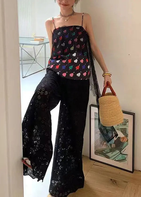 Original Design Apricot High Waist Hollow Out Lace Wide Leg Pants Summer Ha1008