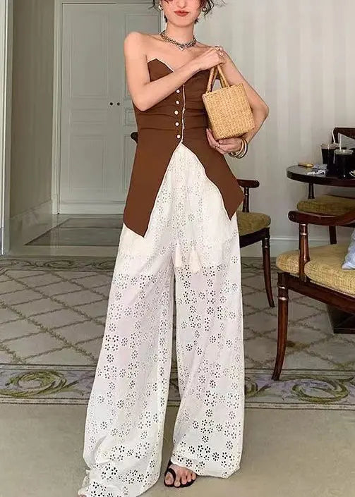 Original Design Apricot High Waist Hollow Out Lace Wide Leg Pants Summer Ha1008