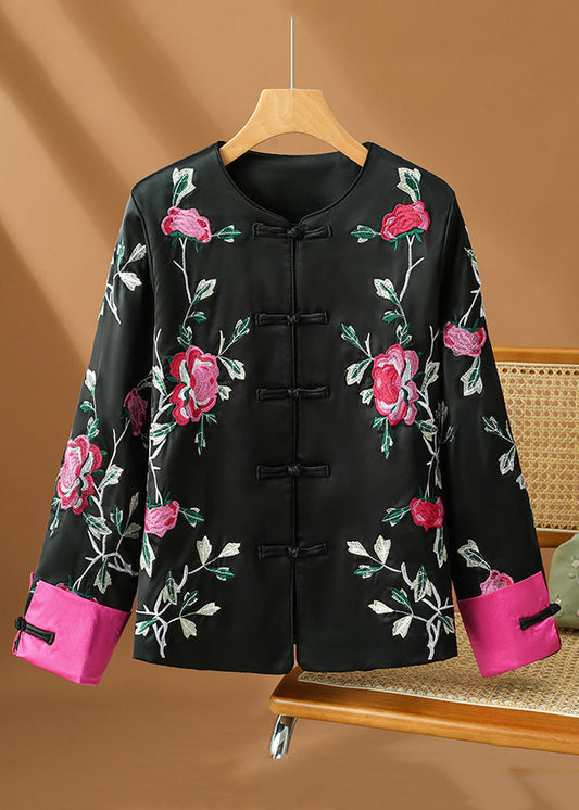 Original Design Black Embroidered Button Silk Coats Fall Qg022