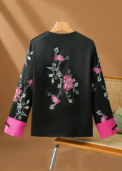 Original Design Black Embroidered Button Silk Coats Fall Qg022
