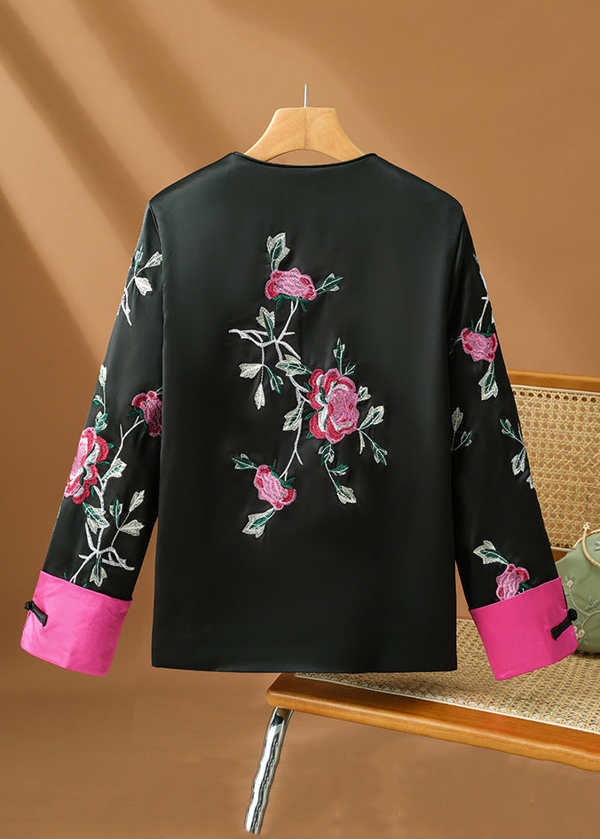 Original Design Black Embroidered Button Silk Coats Fall Qg022