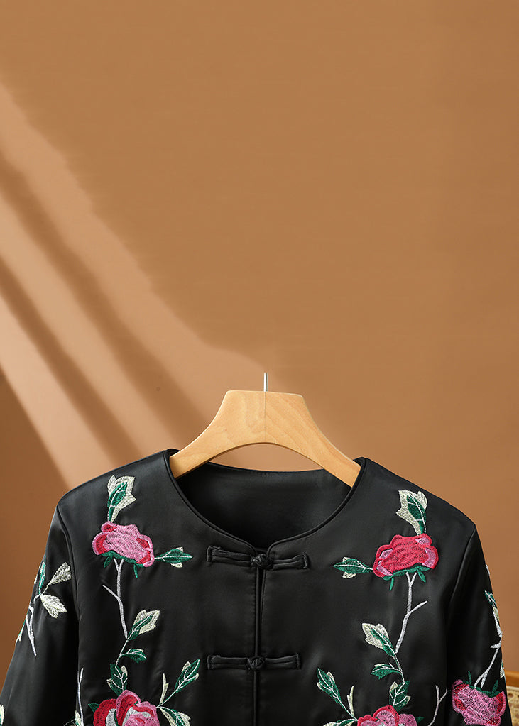 Original Design Black Embroidered Button Silk Coats Fall Qg022