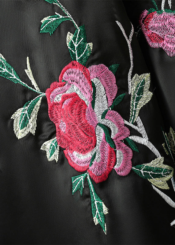 Original Design Black Embroidered Button Silk Coats Fall Qg022