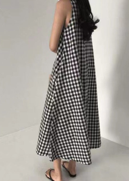 Original Design Black O Neck Plaid Cotton Long Dress Sleeveless Ap040