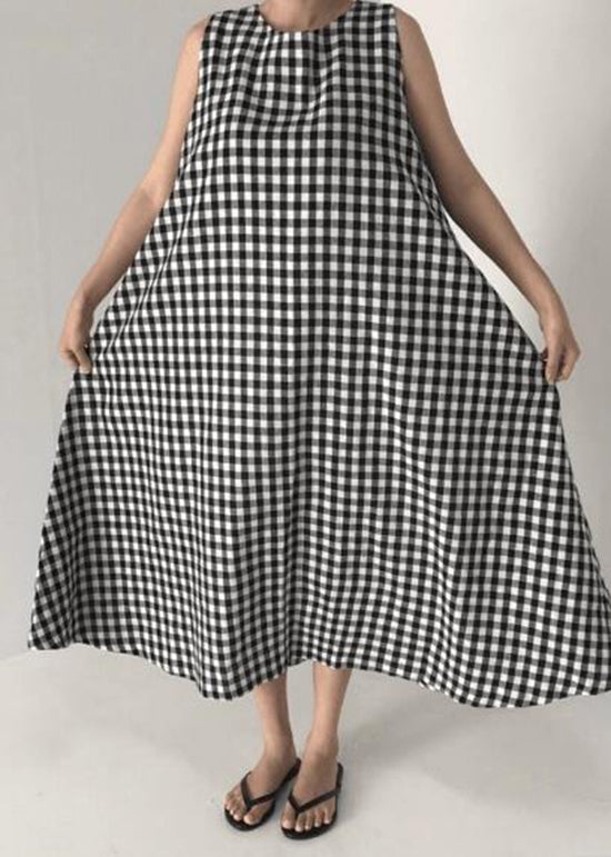 Original Design Black O Neck Plaid Cotton Long Dress Sleeveless Ap040