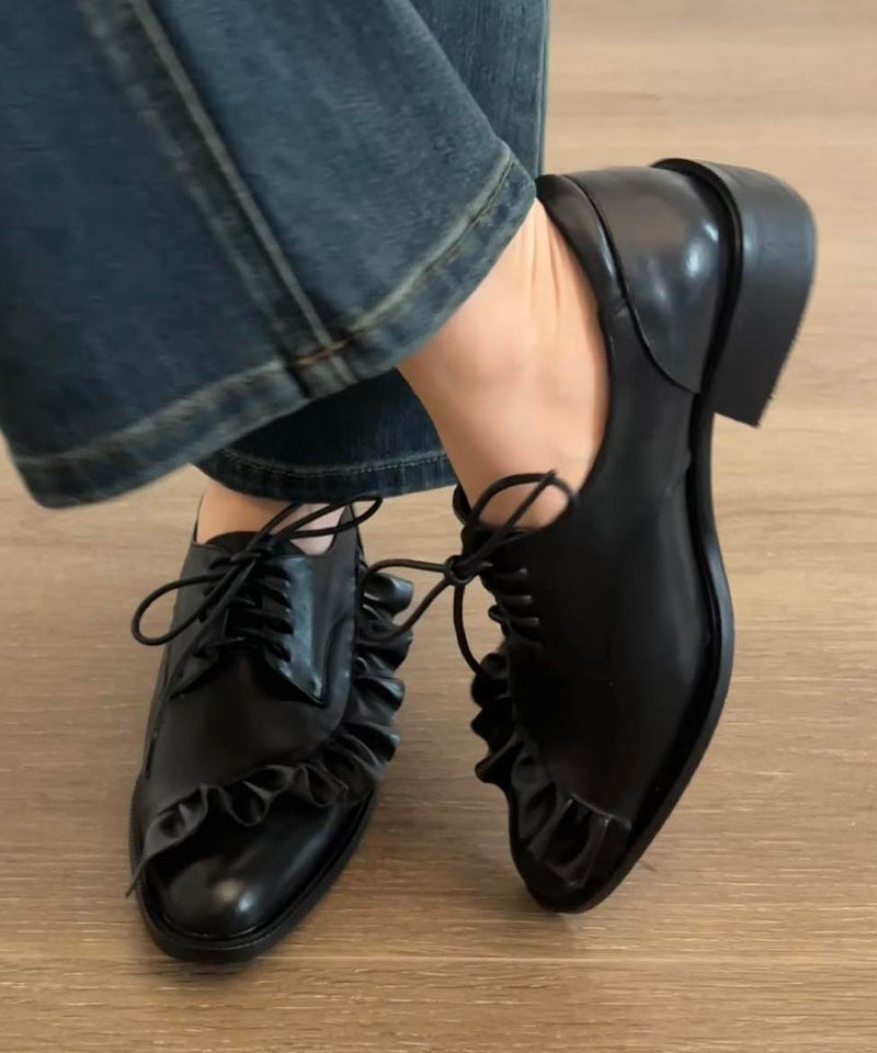 Original Design Black Ruffled Lace Up Splicing Flat Feet Shoes Yc022