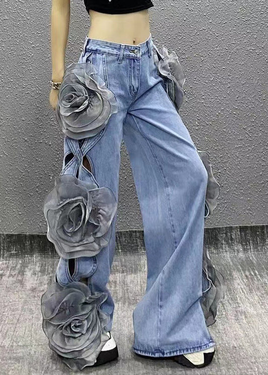 Original Design Blue Hollow Out Denim Wide Leg Pants Fall Ri035