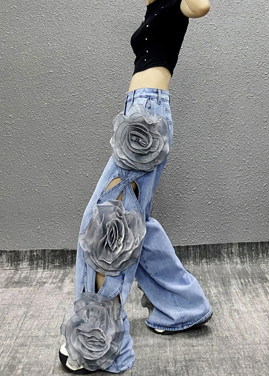 Original Design Blue Hollow Out Denim Wide Leg Pants Fall Ri035