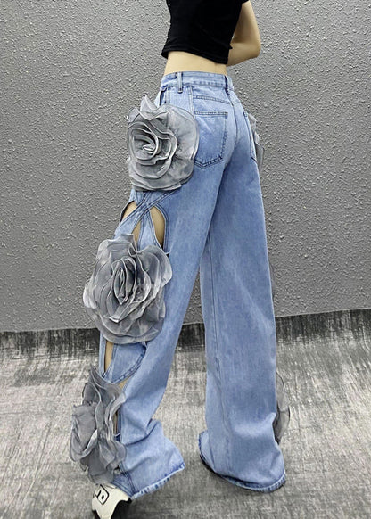Original Design Blue Hollow Out Denim Wide Leg Pants Fall Ri035