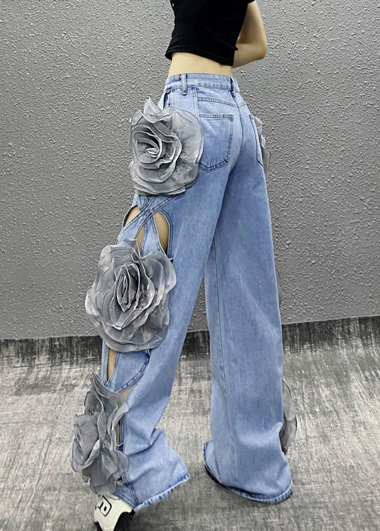 Original Design Blue Hollow Out Denim Wide Leg Pants Fall Ri035
