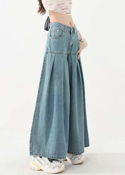 New Blue Pockets High Waist Denim Wide Leg Pants Spring Ab1059