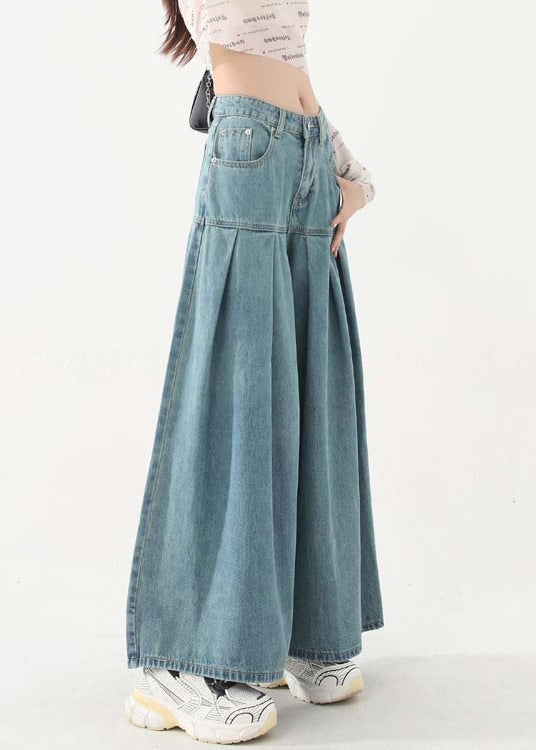 New Blue Pockets High Waist Denim Wide Leg Pants Spring Ab1059
