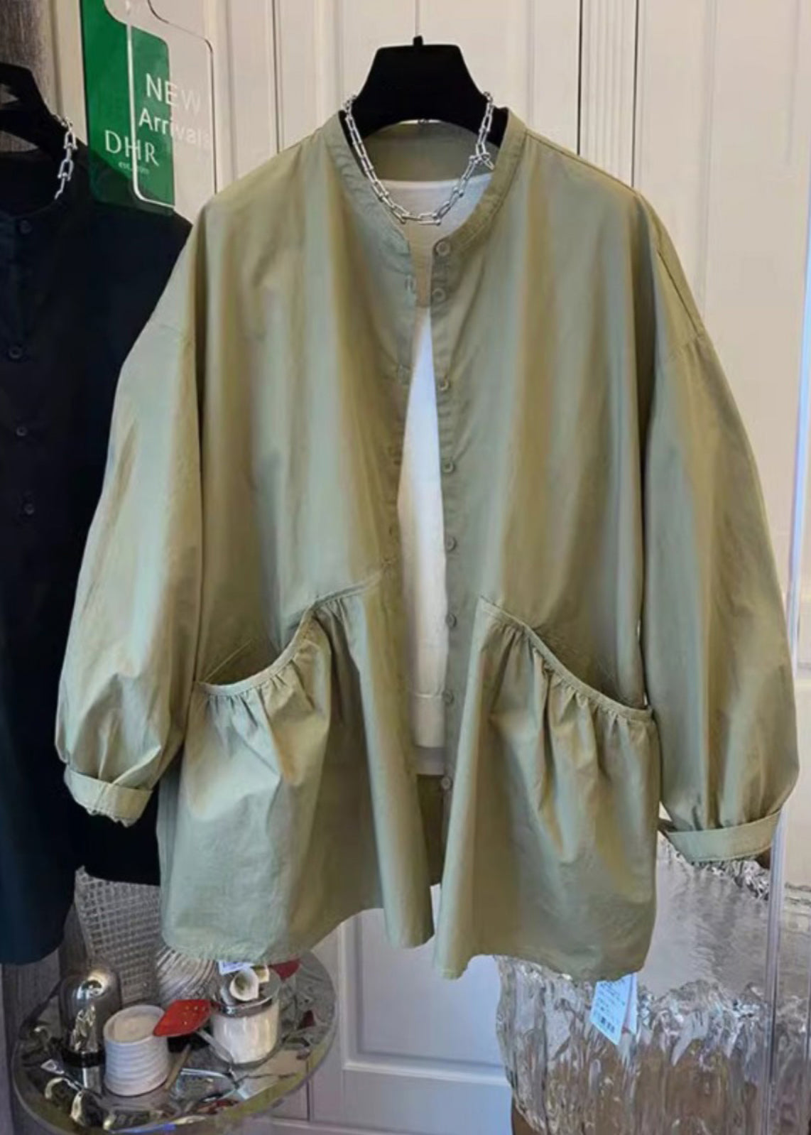 Original Design Green Pockets Button Cotton Coat Spring Ti035