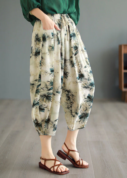 Original Design Green Pockets Print Linen Crop Pants Summer Bv058